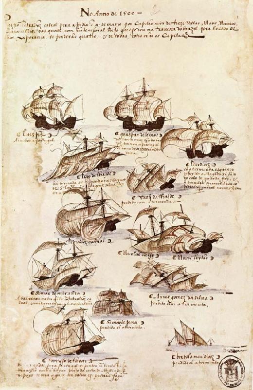 unknow artist Sedan Vasco da Gama oppnat sjovagen to Ostindiev via Gobabopps udden avseglade a fleet pa twelve vessel wonder charge of Cabral the 9 Mar 1500 in orde oil painting image